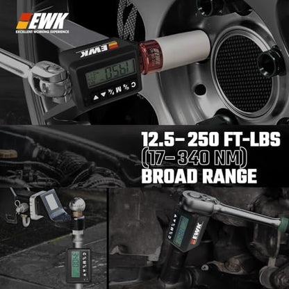 EWK 1/2-inch Drive Digital Torque Adapter 12.5–250 ft-lbs (17–340 Nm), Heavy Duty Electronic Torque Wrench Adapter for 1/2" Ratchets, LED Display and Buzzer Alert, Torque Tester and Calibration Tool