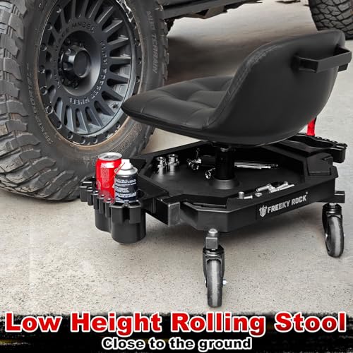 Rolling Stool with Wheels, Adjustable Height Pneumatic Garage Work Mechanic Stool Seat with Backrest, 400 LBS Capacity 360° Swivel Mechanic Crepper Chair with Tool Tray Storage, Black - color: Carbon Fiber Black