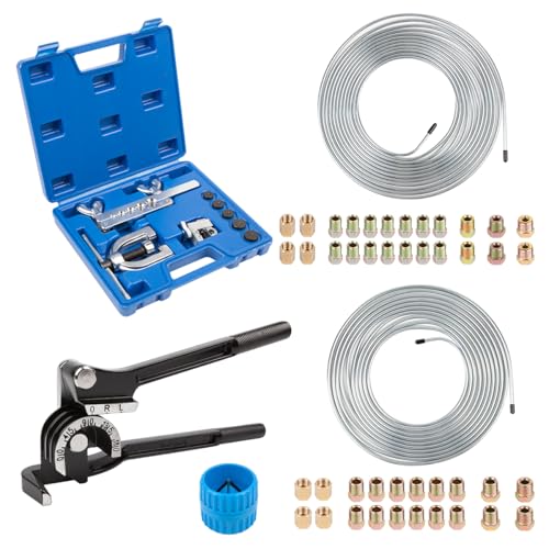 ICOOL 25 ft 3/16" and 1/4" Zinc Coated Brake Line Flaring Tool Kit with 20 Fittings and 4 Unions Brake Line Fittings, Brake Line Kit with Tube Bender and Reamer