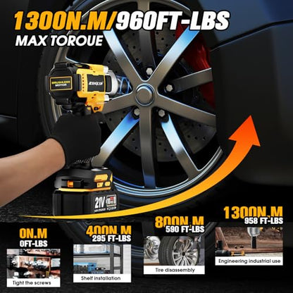 1/2 inch Cordless Impact Wrench, 958Ft-lbs (1300N.m) High Torque Brushless Impact Gun, 3500RPM, 2x4000mAh Battery, Fast Charger & 5 Sockets, Electric Impact Wrench for Car, Pickup, Mower