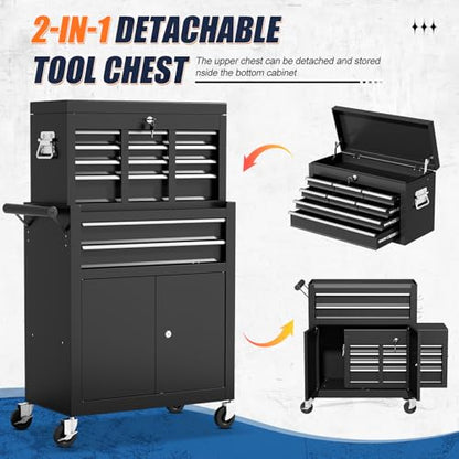 10-Drawer Rolling Tool Chest with Wheels, 2 in 1 Tool Box Rolling Tool Chest Heavy Duty, High-Capacity Mechanic Tool Organizer, Adjustable Shelf & Detachable Top Cabinet, Black - color: Black