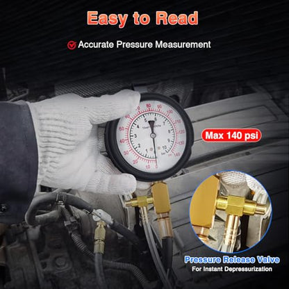 GOOACC Fuel Injection Pressure Tester Kit - 0-140PSI Fuel Pressure Gauge with 6.30 7.89 9.49 Fuel Line Fittings, Gasoline Engine Diagnostic Tool for Car Truck SUV ATV