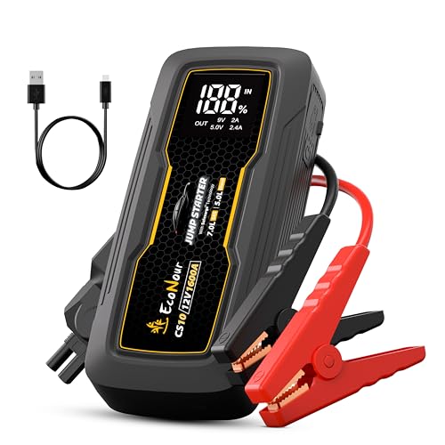 EcoNour Battery Jumper Starter Portable 1600A Peak Up to 7L Gas & 5L Diesel Engines 12V Lithium Jump Box with Jumper Cables, USB Charger, LCD Display, LED Flashlight – for Cars, SUVs, Trucks - color: Black