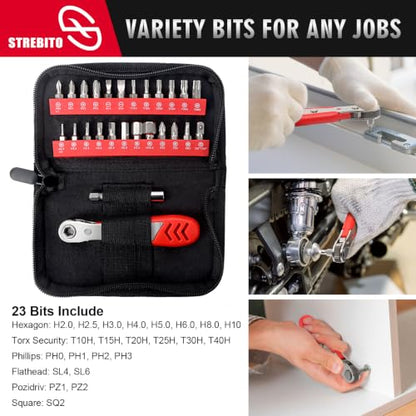 STREBITO Right Angle Screwdriver Low Profile, 26 Piece Small Ratchet Set | Stubby Ratchet 90 Degree Ratcheting Screwdriver Set, Mini 1/4 Bit Ratchet EDC Tool Angled Screwdriver for Tight Spaces, Bike - color: 26 in 1 With Zipper Pouch