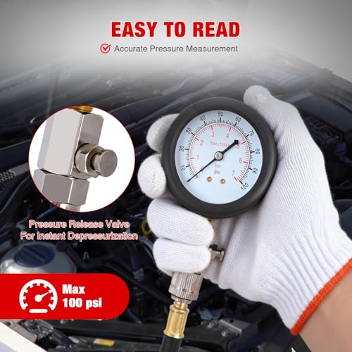 GOOACC Fuel Pressure Test Kit, Automotive Fuel Injection Pressure Gauge Tester 0-100PSI with 1/4 5/16 3/8 Quick Connect Adapters for Gasoline EFI Engines