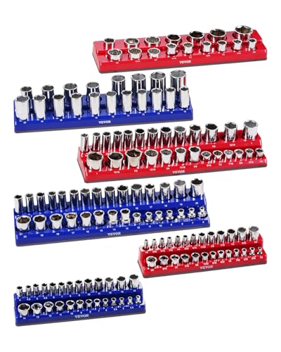 VEVOR Magnetic Socket Organizer Set, 6PCS Socket Holder, 1/4'', 3/8'' & 1/2'' Metric SAE Socket Trays with Clear Labels, Hold up to 143PCS Standard & Deep Sockets, Blue & Red (Sockets Not Included) - style: 6pcs Metric & SAE