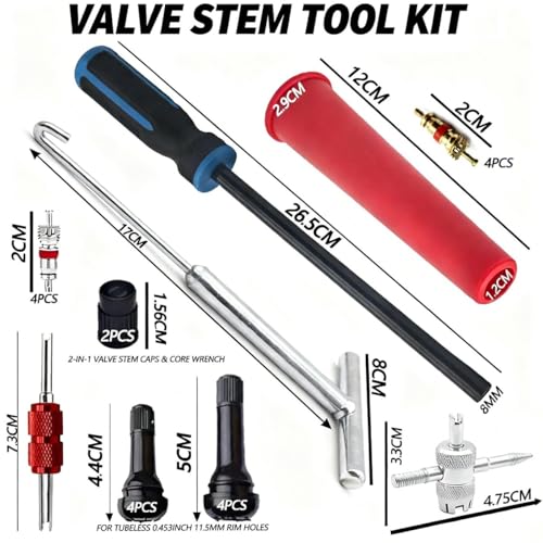 Valve Stem Removal Tool with Heavy Duty Hook & Longer Puller,Tire Valve Stem & Core Replacement Installation Tool Kit,without Tire Removal,Tire Pressure Checking, for Cars Motorcycles Lawn Mowers ATVs