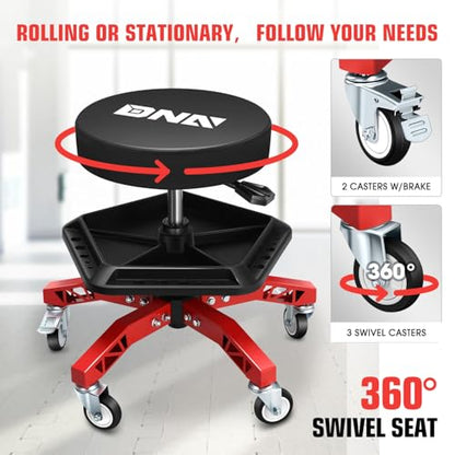 DNA Motoring Rolling Shop Stool, Adjustable Height Padded Rolling Seat, Pneumatic Roller Mechanic Stool for Garages, w/Tool Storage Tray, 300lbs Capacity, TOOLS-00636-BK-RD - style: Red Tray Model
