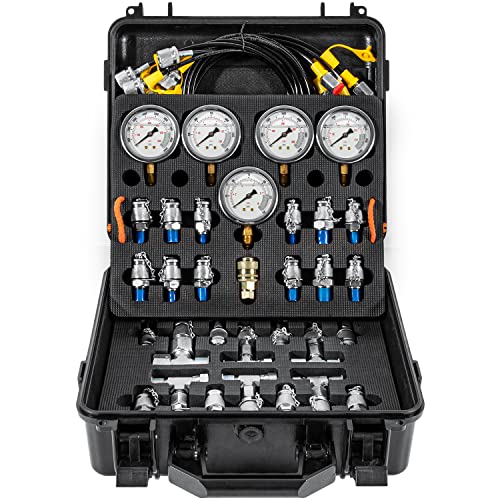 Hydraulic Pressure Test Kit with 5 Gauges 13 Test Couplings 14 Tee Connectors 5 Test Hoses for Excavator Construction Machinery 10/100/250/400/600bar 150/1500/4000/6000/9000PSI - style: 5 Gauges 27 Test Couplings