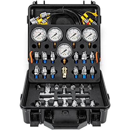 Hydraulic Pressure Test Kit with 5 Gauges 13 Test Couplings 14 Tee Connectors 5 Test Hoses for Excavator Construction Machinery 10/100/250/400/600bar 150/1500/4000/6000/9000PSI - style: 5 Gauges 27 Test Couplings