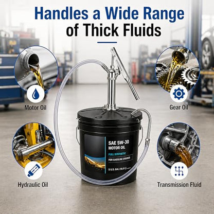 Heavy Duty Lever Action Bucket Pump for 5 Gallon Pails, Extra-Long 4.1ft Fluid Delivery Hose, Manual Gear Oil Transfer Pump for Transmission, Differential & High-Viscosity Fluids
