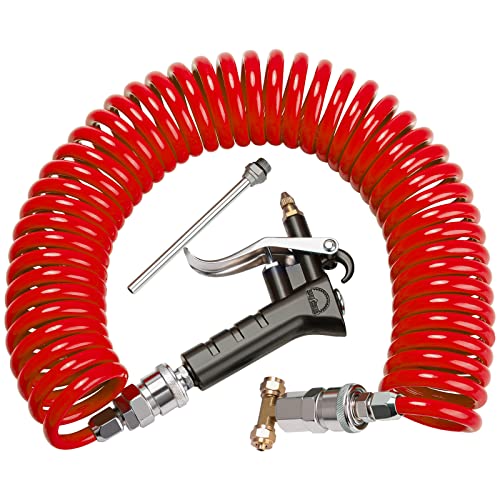 Heavy Duty Truck Air Duster Blow Gun Cleaning with 9 Meter Long Coil and 2 interchangeable nozzle tips- Red Air Seat Blow Gun Kit - color: Red