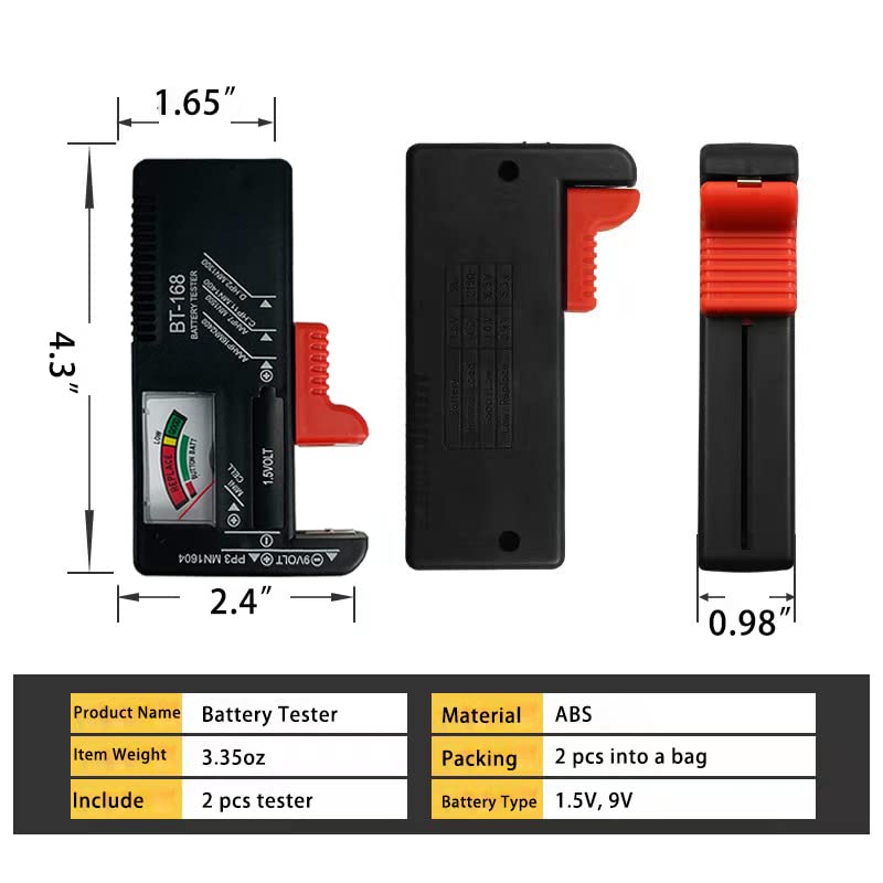 2 Pack Battery Tester, Universal Battery Checker for AA/AAA/C/D / 9V / 1.5V Button Cell Batteries Household Battery Life Level Testers Power Monitor Meter (Requires No Battery for Operation)