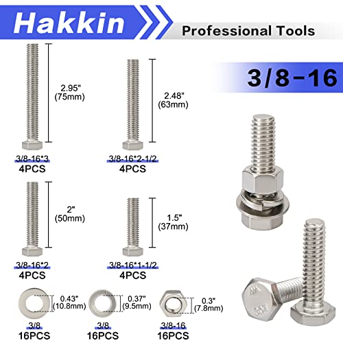 3/8-16 Hex Bolts and Nuts Kit 64PCS, 304 Stainless Steel 3/8” Heavy Duty Nuts and Bolts Screws Flat & Lock Washers Kit, Machine Screws Set with Storage Case - size: 64PCS 3/8-16 Hex Bolts Silver