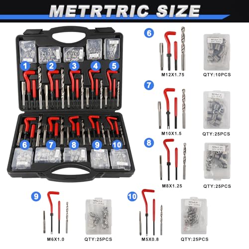 263PCS Thread Repair Kit HSS Drill Helicoil Kit, Rethreading Tool | Rethreading Kit with Thread Gauge Metric and SAE1 /4" 5/16" 3/8" 7/16" 1/2" M5 M6 M8 M10 M12