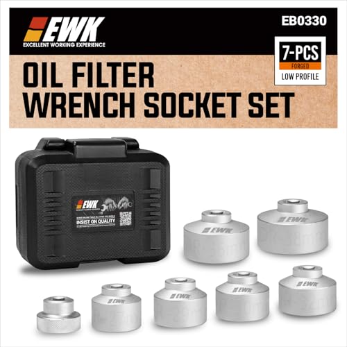 EWK Forged 7-Pcs Low Profile Oil Filter Wrench Socket Set, 24 27 29 30 32 36 38mm, 3/8 in Drive Oil Filter Cap Removal Tool Kit for BMW Mercedes Benz Ford Dodge - size: 7 Pcs Set (24, 27, 29, 30, 32, 36, 38mm)