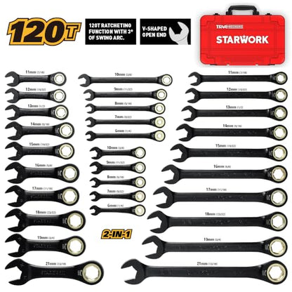 STARWORK TRUE MECHANIC™ 30-Piece 2-IN-1 Ratcheting Wrench Set, 120-Tooth, SAE&Metric, Gift Series with Red Case, Professional