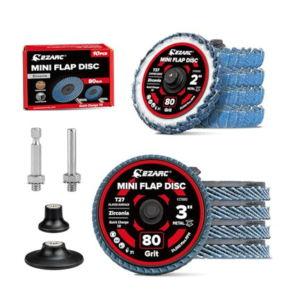 EZARC 10PCS Mixed Flap Disc Set for Die Grinder, 3" Flat & 2" Curved Zirconia Sanding Discs with Holder and 1/4" Shanks, 80 Grit Roll Lock Quick Change Grinding Wheels for Weld Rust Paint Removal - size: 80Gr 10P