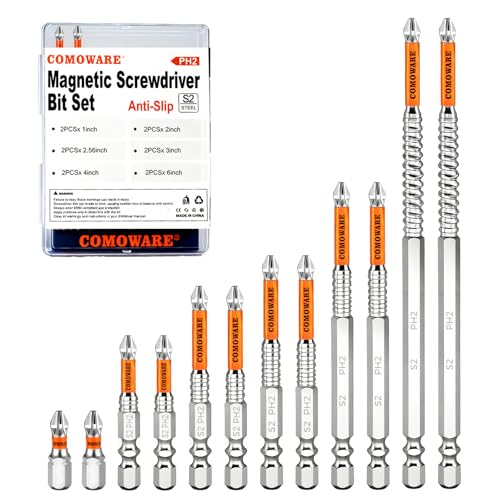 COMOWARE High Magnetic Screwdriver Drill Bit Set, 12PCS, #2 Anti-Slip Long Phillips Bits, S2 Steel, Chrome Plated for Rust Resistance, 1–6" Magnetic Impact Bits for Power Drill - color: Ph2 12pcs Chrome-plated