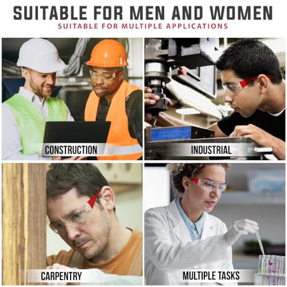 BISON LIFE Clear Safety Glasses – ANSI Z87.1 Certified Scratch & Impact Resistant Eye Protection Goggles for Men & Women - color: Clear/Red