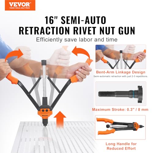 VEVOR Rivet Nut Tool, 16 inch Rivnut Tool Kit with 13PCS Metric and SAE Mandrels, 186PCS Rivet Nuts, Semi-auto Retraction, M3, M4, M5, M6, M8, M10, M12, 1/4-20, 5/16-18, 3/8-16, 1/2-13, 8-32, 10-24 - size: 16"-AUTO, style: RIVET NUT TOOL