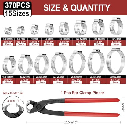 370PCS 15 Sizes Single Ear Hose Clamps, 304 Stainless Steel | 5.3-33.1mm Crimp Hose Clamps, Stepless Adjustable Cinch Clamps for Automotive, Home Appliance Line, Plumbing and Industrial - size: 5.3-33.1mm, style: 370PCS 15 Sizes