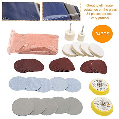 Glass Polishing Kit, 34Pcs/Set Scratch Removal Set Deep Scratch Remover Window Repair Tool, Felt Polishing Pad for Windscreen and Glass