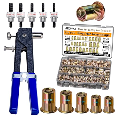 Imperial Rivet Nut Tool Kit 430pcs, SAE Rivet Nut Combination （5/16-18、1/4-20、10-24、8-32、6-32）, Suitable for Automotive, Marine and Industrial Applications(SAE Carbon Steel 430PCS)