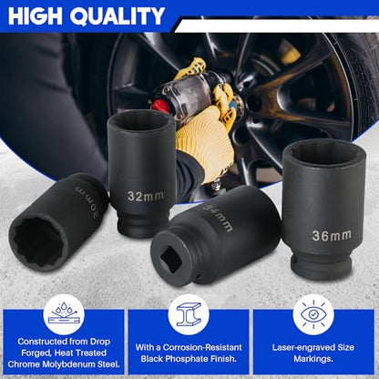 DASBET 1/2" Drive Deep Impact Socket Set 4PCS | Heavy Duty Drive Deep Spindle Axle Nut Impact Socket Set 12 Point, Metric 30mm, 32mm, 34mm, 36mm