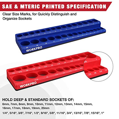 WORKPRO 3/8-inch Magnetic Socket Organizer Set, 2-Piece SAE & Metric Socket Holders, Holds 56 Standard and Deep Sockets for Tool Box, Tool Carts (Sockets Not Included) - size: 3/8" SAE&Metric