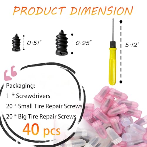 40 Pcs Vacuum Tire Repair Rubber Nail Plug Kit with 2 Sizes, Tire Patch Kit and Screwdriver, Fast Self-Service Tool for Car, Truck, Motorcycle