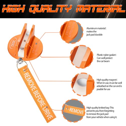 DEDC Universal Aluminum Grooved Magnetic Jack Pad 2 Pcs, Jacking Puck Pinch Weld Frame Rail Adapter with 2 Reminder Streamers, Oil Change Mush Haves, Mechanic Tools in Garage, Gifts for Mechanics - color: Orange 2 Pcs