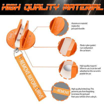 DEDC Universal Aluminum Grooved Magnetic Jack Pad 2 Pcs, Jacking Puck Pinch Weld Frame Rail Adapter with 2 Reminder Streamers, Oil Change Mush Haves, Mechanic Tools in Garage, Gifts for Mechanics - color: Orange 2 Pcs