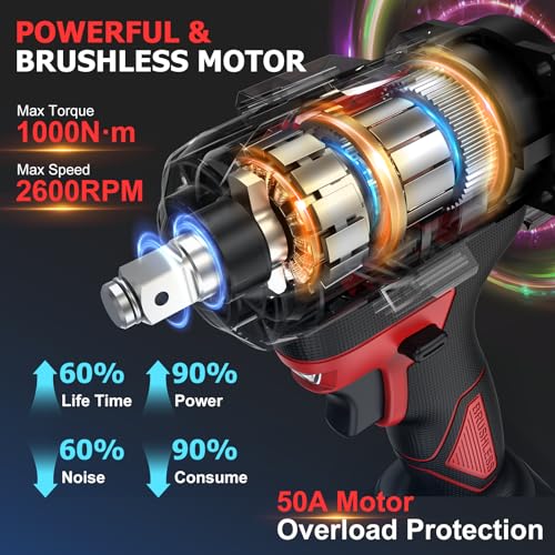 Cordless Impact Wrench 750Ft-lbs - 21V 1/2" Brushless Electric Impact Gun Set with 2 x 4.0Ah Batteries & 5 Sockets& Fast Charger & Sturdy Case for Truck & RV Red