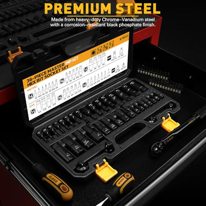 36-Piece One-Piece Hex Bit Socket Set includes Socket Adapter, 1/4", 3/8", 1/2", Cr-V Steel, SAE and Metric Set, Reinforced Storage Case, Automotive Mechanic Professional Master Tool Set - style: 36-Piece Hex Bit Socket Set