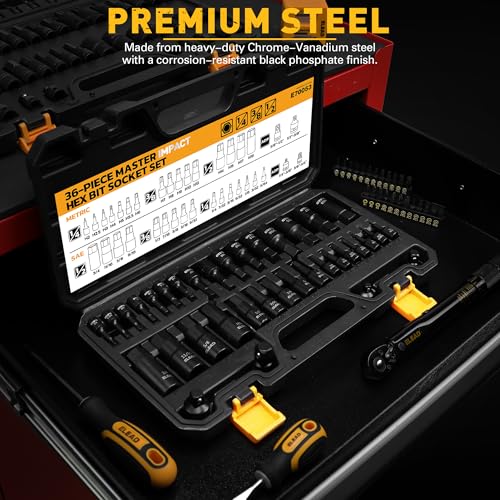 36-Piece One-Piece Hex Bit Socket Set includes Socket Adapter, 1/4", 3/8", 1/2", Cr-V Steel, SAE and Metric Set, Reinforced Storage Case, Automotive Mechanic Professional Master Tool Set