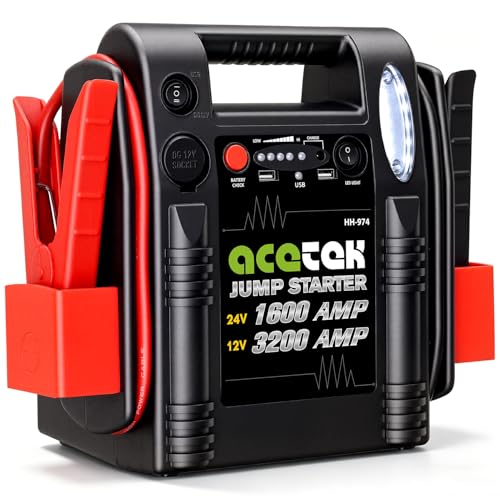 24V / 12V Jump Starter, acetek 1600/3200 Peak Amp Battery Jump Starter for Truck Car Tractor Excavator, Heavy Duty Jump Box Battery Pack with USB and DC Output