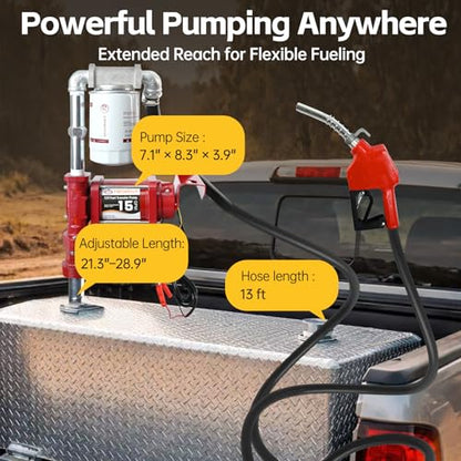 FMCNMech 12V Fuel Transfer Pump, 15 GPM Diesel Transfer Pump Kit with Automatic Shut-Off Nozzle, Heavy-Duty Fuel Pump with 13 ft Hose for Gasoline, Diesel & Kerosene - color: 15 GPM Gas & Diesel Pump