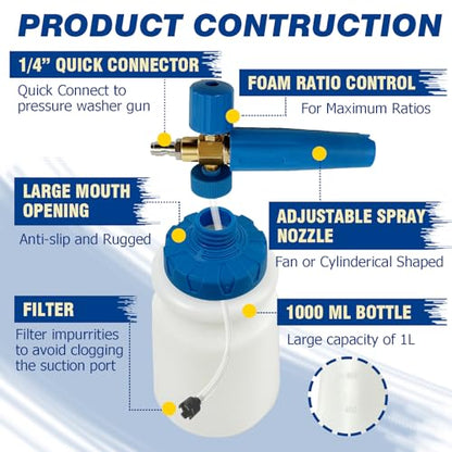 ESP Car Wash Foam Cannon, 1/4" Quick Connect Foam Gun with Adjustable Spray, Alloy Body, Wide Mouth Bottle & Versatile Converter for Car Cleaning & Outdoor Use - color: Blue