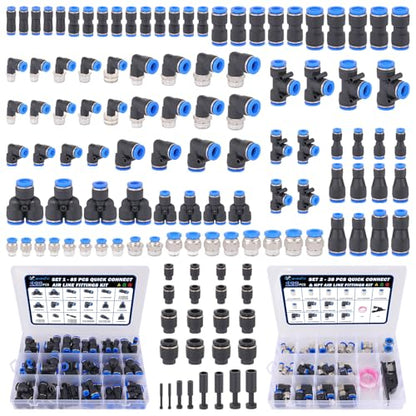 123 Pcs Quick Connect Air Line Fittings Kit Pneumatic Push Lock Air Fittings 1/8",1/4",3/8",1/2" Push to Connect & NPT Thread Air Hose Fittings Quick Release Airline Fitting Kit - color: Black-123PCS