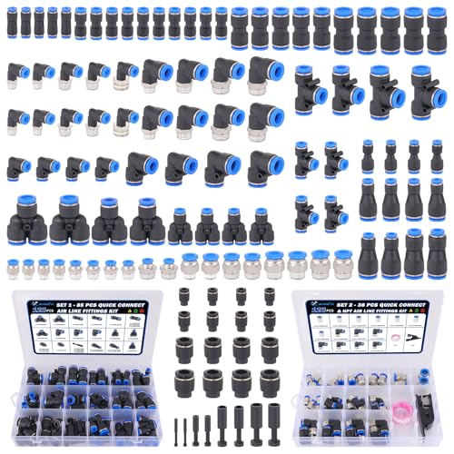 123 Pcs Quick Connect Air Line Fittings Kit Pneumatic Push Lock Air Fittings 1/8",1/4",3/8",1/2" Push to Connect & NPT Thread Air Hose Fittings Quick Release Airline Fitting Kit - color: Black-123PCS