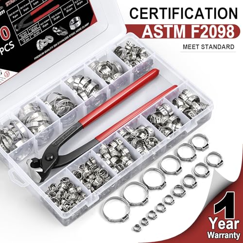 370PCS 15 Sizes Single Ear Hose Clamps, 304 Stainless Steel | 5.3-33.1mm Crimp Hose Clamps, Stepless Adjustable Cinch Clamps for Automotive, Home Appliance Line, Plumbing and Industrial - size: 5.3-33.1mm, style: 370PCS 15 Sizes