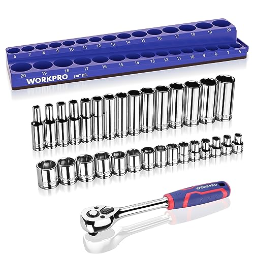 WORKPRO 32-Piece 3/8-inch Drive Metric Sockets and Ratchet | 30 Metric Deep and Shallow Sockets, 6-20mm with Magnetic Organizer, 72-Tooth Quick Release Reversible Ratchet, Auto Repair