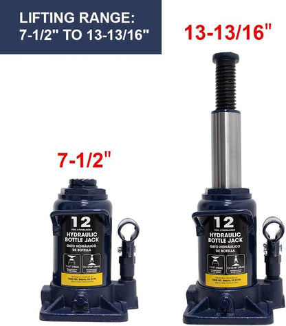 12 Ton Hydraulic Bottle Jack, 24,000 LBS Heavy Duty Steel Auto Lift with Long Handle, Leak-Free Hydraulic Pump, Portable Car Jack for Truck, SUV, RV, and Garage Repair, Blue