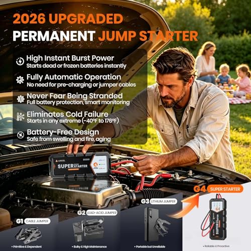 ANCEL BS200 Super Starter, Permanently Connected Jump Starter with Super Capacitor & Battery Protection System, Health Monitoring, 700A Start Assist for 3.0L Vehicles, -40°F to 176°F - color: Brilliant Black