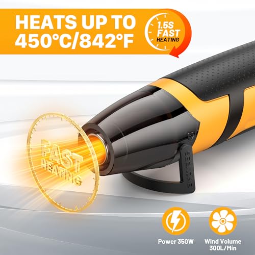 SEEKONE Mini Heat Gun, 350W 2-Temp Settings 500℉ & 842℉（260℃& 450℃） Fast Heat Hot Air Gun Tool with Reflector Nozzle and 4.9Ft Long Cable Overload Protection for Crafting, Vinyl Wrap and Shrink Tubing - color: Yellow