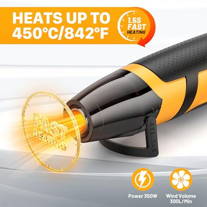 SEEKONE Mini Heat Gun, 350W 2-Temp Settings 500℉ & 842℉（260℃& 450℃） Fast Heat Hot Air Gun Tool with Reflector Nozzle and 4.9Ft Long Cable Overload Protection for Crafting, Vinyl Wrap and Shrink Tubing - color: Yellow