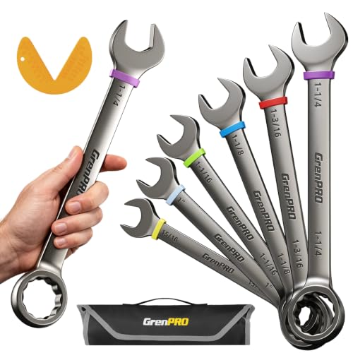 GRENPRO 15/16"-1-1/4" Large SAE Wrench Set, Combination Open End Wrench Set | Color Rings, Roll Up Pouch, Nickel Rust-Proof Coating, CRV Steel, Free Gauge for Quick Size Matching - style: SAE Nickel Wrench Set Large
