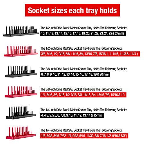 AIUITIO 6PCS Socket Organizer Tray Set, Red SAE & Black Metric Socket Storage Trays, 1/4-Inch, 3/8-Inch & 1/2-Inch Drive Deep and Shallow Socket Holders for Toolboxes