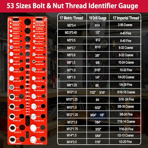 Manalete Thread Checker, 53 Nut and Bolt Thread Checker, Screw Size and Thread Identifier Gauge with 17 Standard & 17 Metric &19 Drill Bit Gauges, Bolt Size Finder for Quickly Identify Thread Sizes - size: 53 Gauges - 17 Inch & 17 Metric &19 Drill Gauges